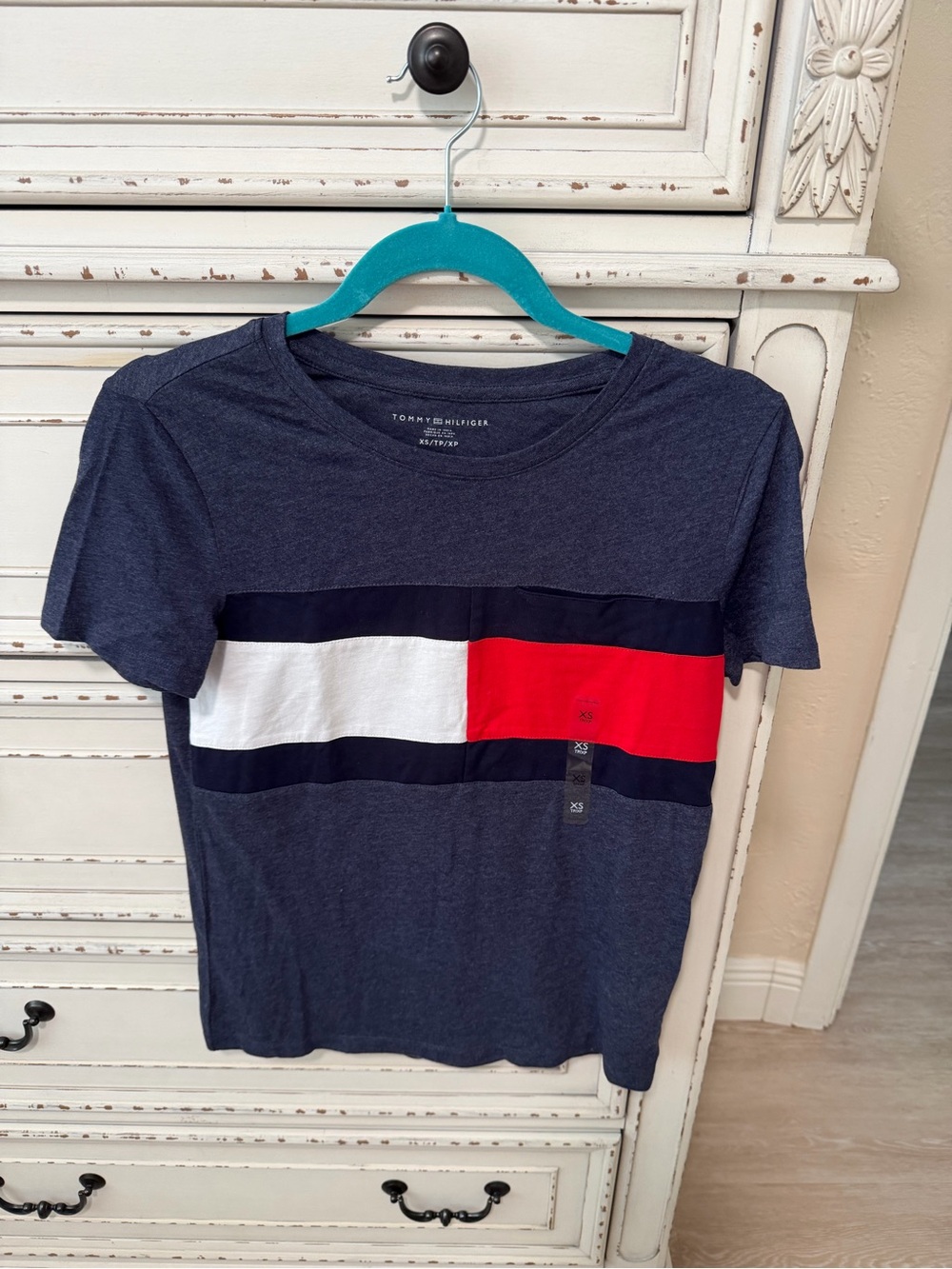 Tommy Hilfiger Navy Tee with White & Red Block Stripe